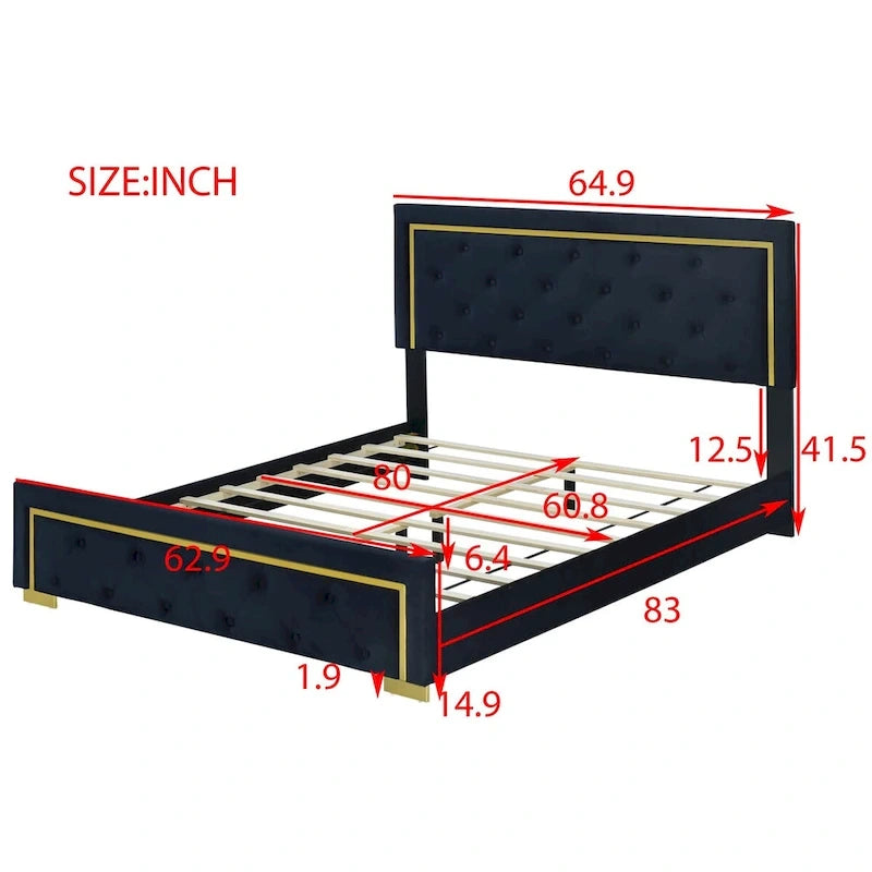 Lit plateforme Queen en velours, tête de lit capitonnée, beige/noir/gris, 2 personnes