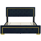 Lit plateforme Queen en velours, tête de lit capitonnée, beige/noir/gris, 2 personnes