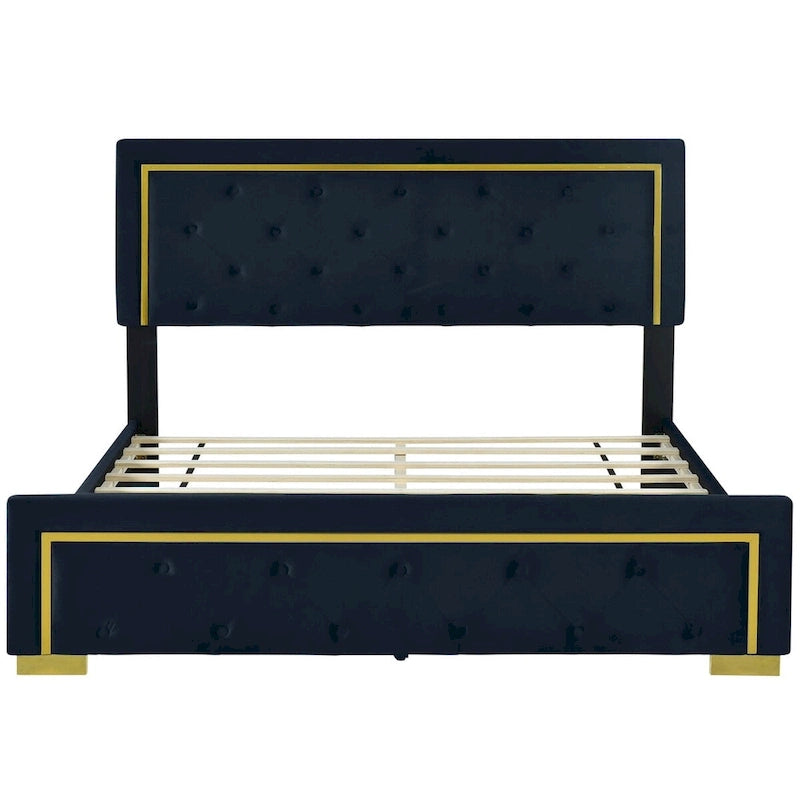 Lit plateforme Queen en velours, tête de lit capitonnée, beige/noir/gris, 2 personnes