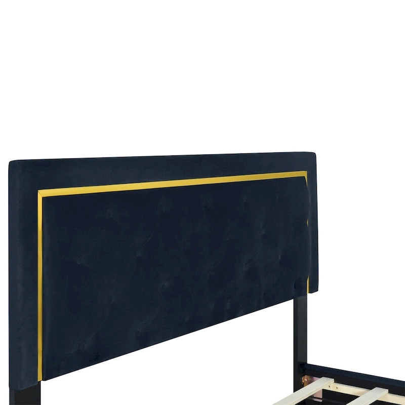 Lit plateforme Queen en velours, tête de lit capitonnée, beige/noir/gris, 2 personnes