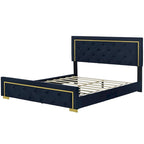 Lit plateforme Queen en velours, tête de lit capitonnée, beige/noir/gris, 2 personnes