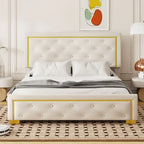 Lit plateforme Queen en velours, tête de lit capitonnée, beige/noir/gris, 2 personnes