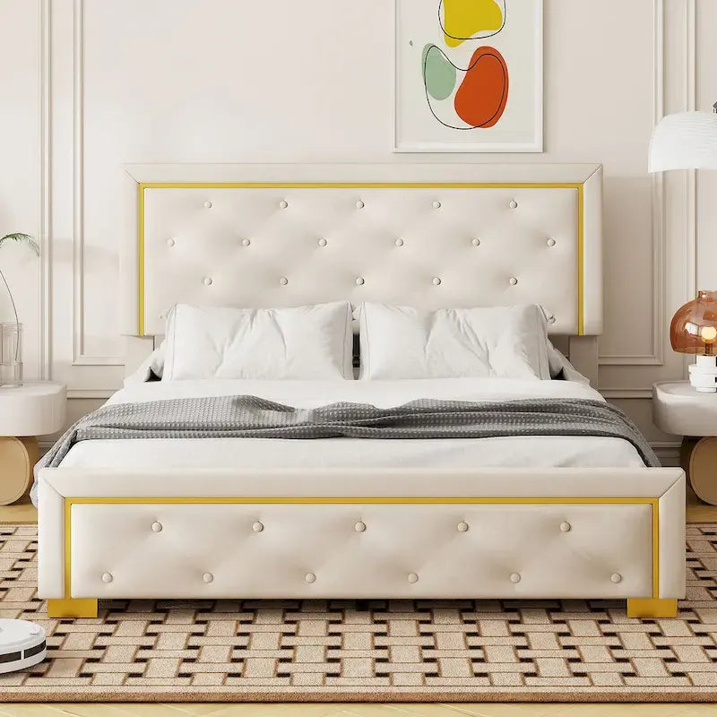 Lit plateforme Queen en velours, tête de lit capitonnée, beige/noir/gris, 2 personnes