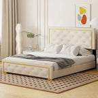 Lit plateforme Queen en velours, tête de lit capitonnée, beige/noir/gris, 2 personnes
