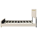 Lit plateforme Queen en velours, tête de lit capitonnée, beige/noir/gris, 2 personnes
