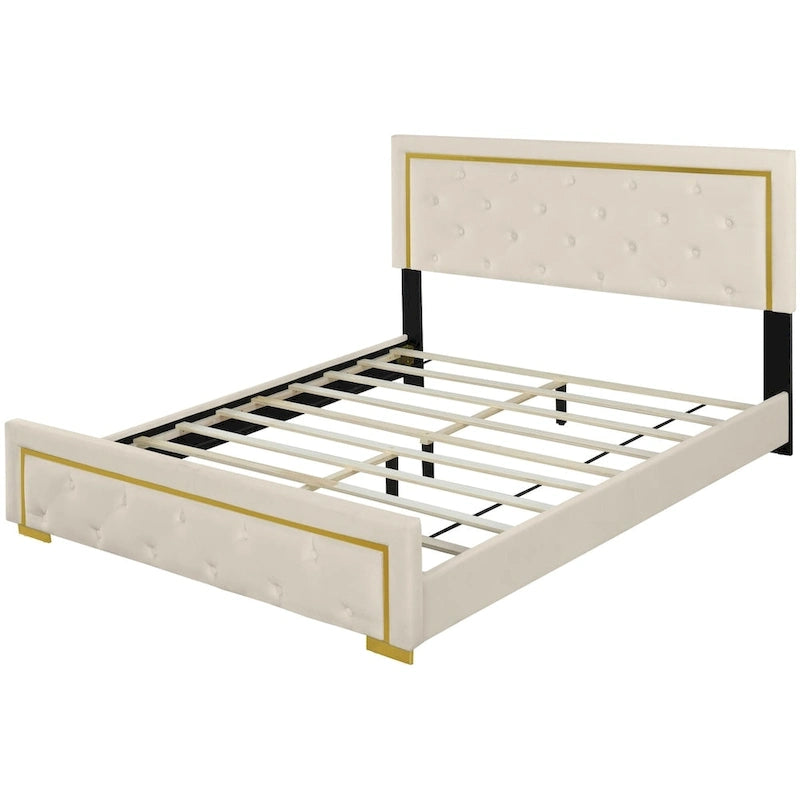 Lit plateforme Queen en velours, tête de lit capitonnée, beige/noir/gris, 2 personnes