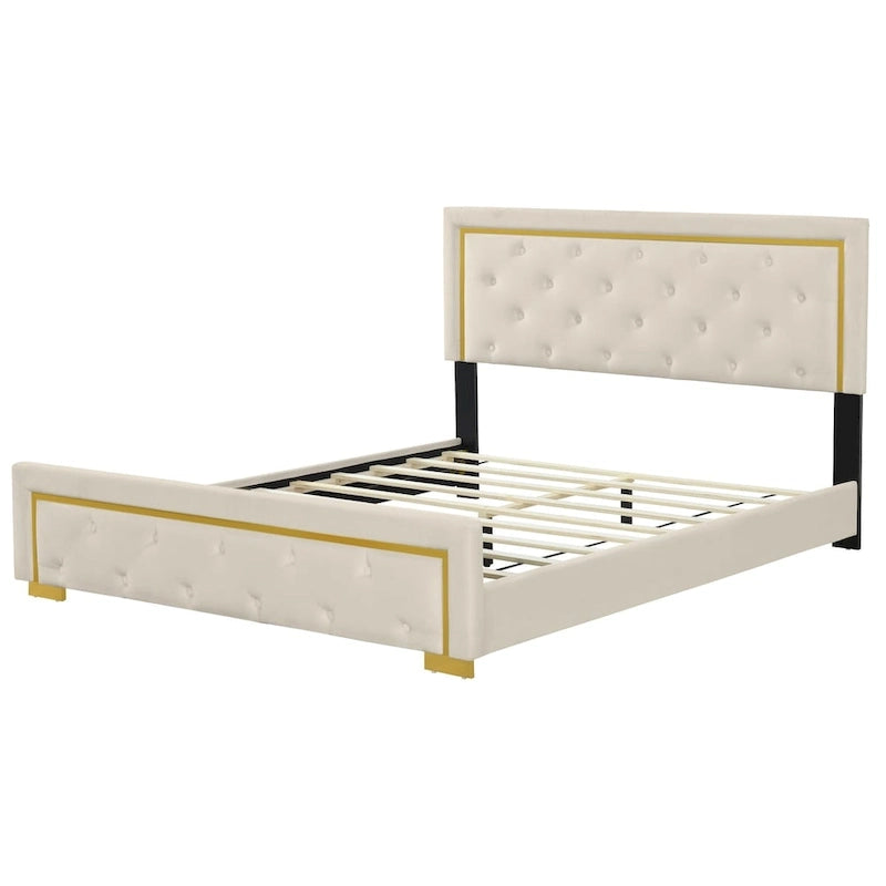 Lit plateforme Queen en velours, tête de lit capitonnée, beige/noir/gris, 2 personnes