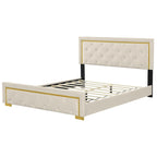 Lit plateforme Queen en velours, tête de lit capitonnée, beige/noir/gris, 2 personnes
