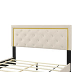 Lit plateforme Queen en velours, tête de lit capitonnée, beige/noir/gris, 2 personnes