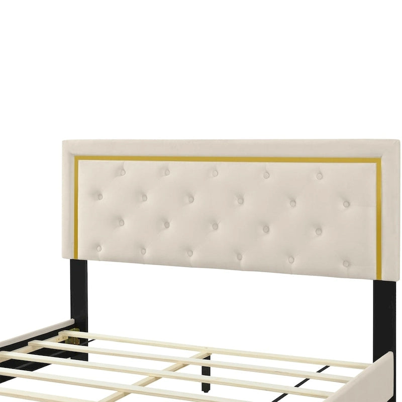 Lit plateforme Queen en velours, tête de lit capitonnée, beige/noir/gris, 2 personnes