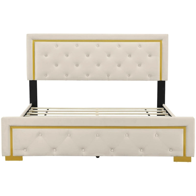 Lit plateforme Queen en velours, tête de lit capitonnée, beige/noir/gris, 2 personnes