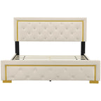 Lit plateforme Queen en velours, tête de lit capitonnée, beige/noir/gris, 2 personnes