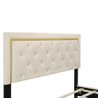Lit plateforme Queen en velours, tête de lit capitonnée, beige/noir/gris, 2 personnes