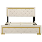 Lit plateforme Queen en velours, tête de lit capitonnée, beige/noir/gris, 2 personnes