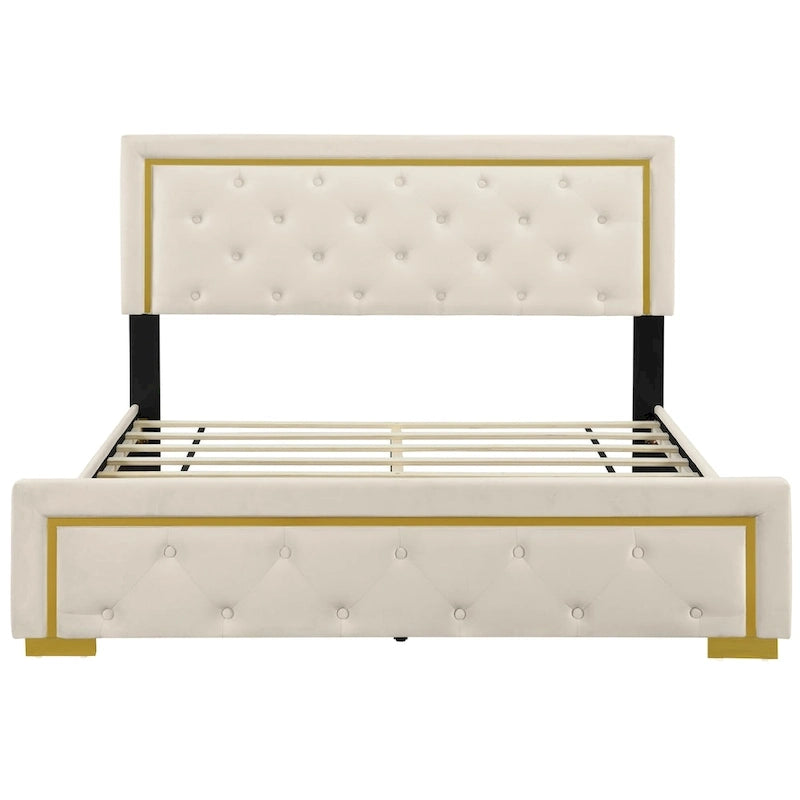 Lit plateforme Queen en velours, tête de lit capitonnée, beige/noir/gris, 2 personnes