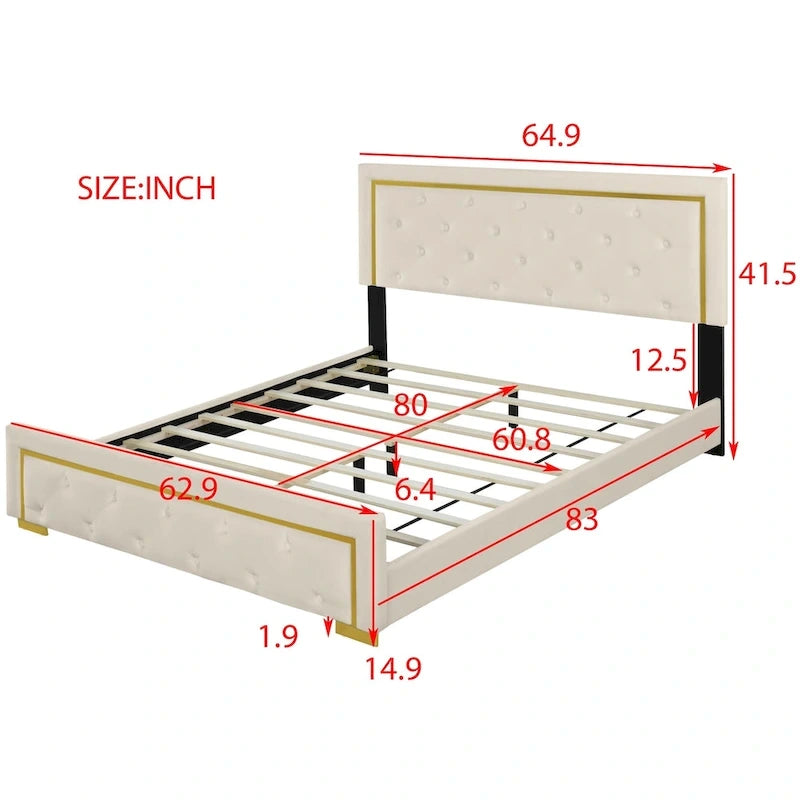 Lit plateforme Queen en velours, tête de lit capitonnée, beige/noir/gris, 2 personnes