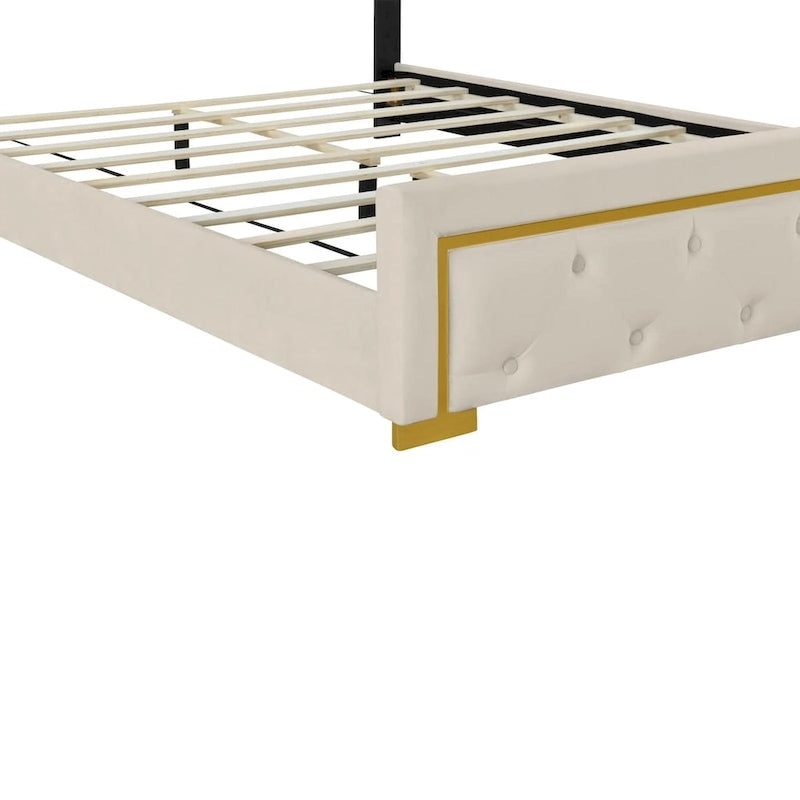 Lit plateforme Queen en velours, tête de lit capitonnée, beige/noir/gris, 2 personnes
