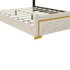 Lit plateforme Queen en velours, tête de lit capitonnée, beige/noir/gris, 2 personnes