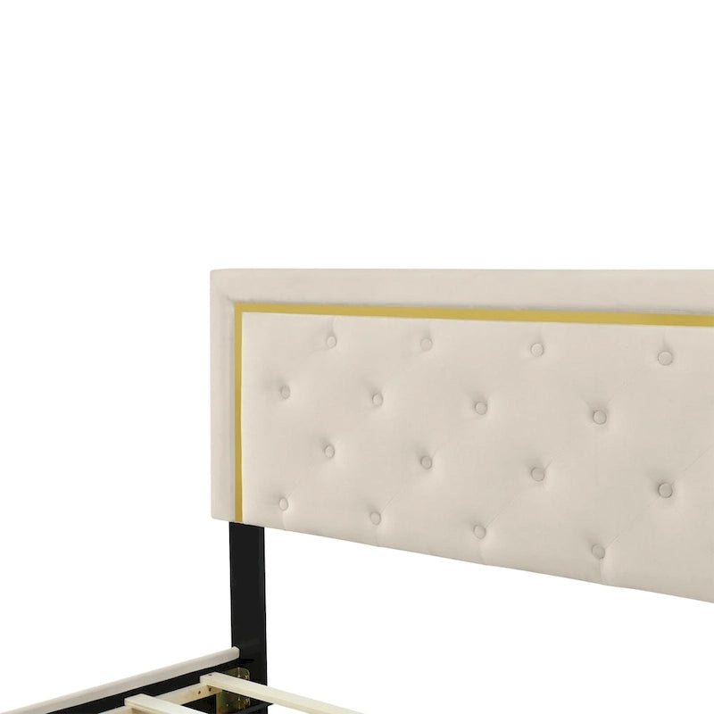 Lit plateforme Queen en velours, tête de lit capitonnée, beige/noir/gris, 2 personnes