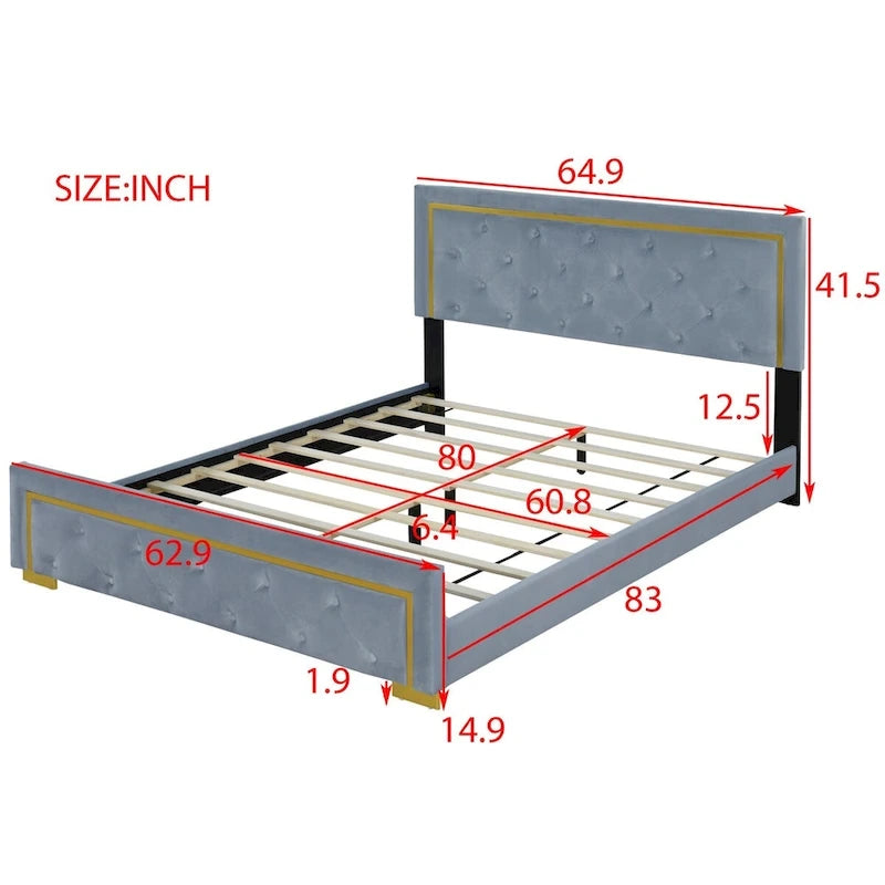 Lit plateforme Queen en velours, tête de lit capitonnée, beige/noir/gris, 2 personnes