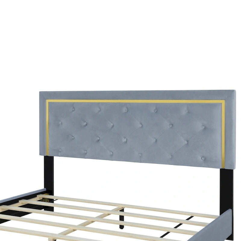 Lit plateforme Queen en velours, tête de lit capitonnée, beige/noir/gris, 2 personnes