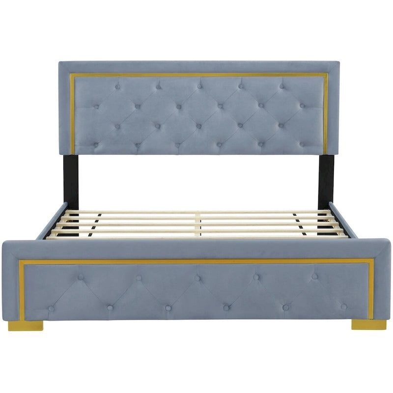 Lit plateforme Queen en velours, tête de lit capitonnée, beige/noir/gris, 2 personnes