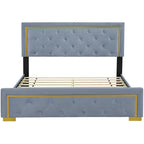 Lit plateforme Queen en velours, tête de lit capitonnée, beige/noir/gris, 2 personnes