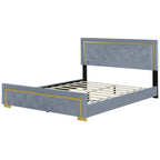 Lit plateforme Queen en velours, tête de lit capitonnée, beige/noir/gris, 2 personnes