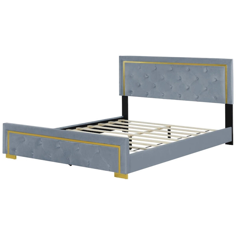 Lit plateforme Queen en velours, tête de lit capitonnée, beige/noir/gris, 2 personnes
