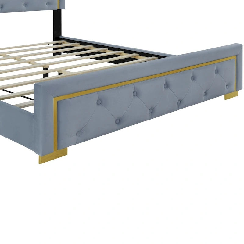 Lit plateforme Queen en velours, tête de lit capitonnée, beige/noir/gris, 2 personnes