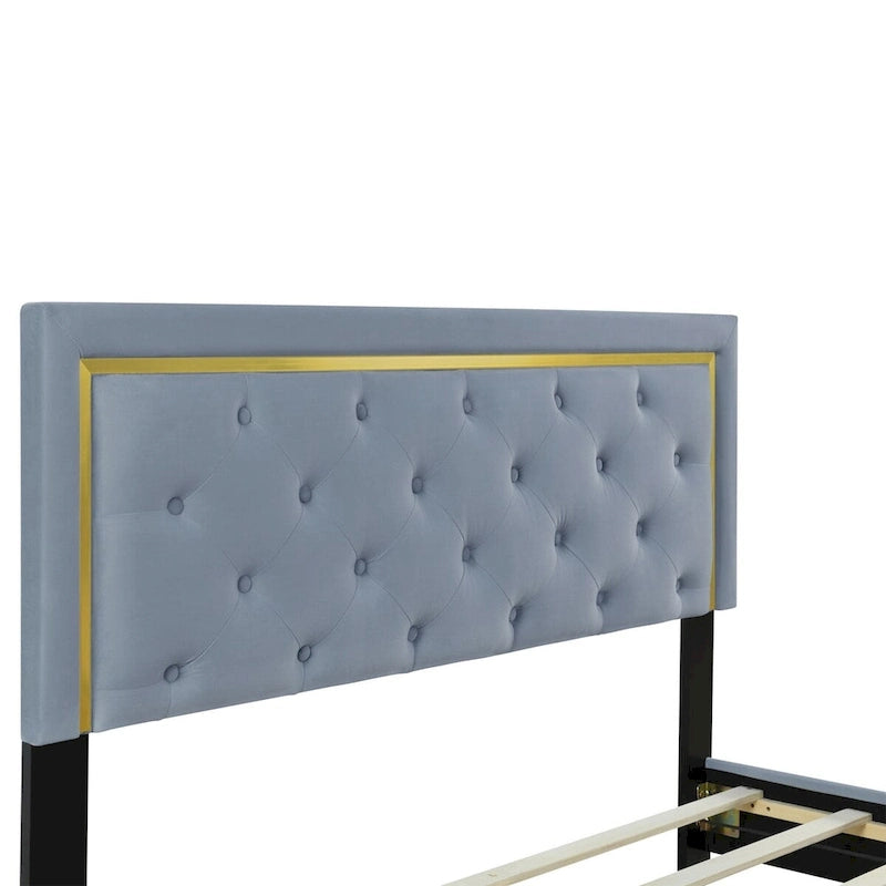 Lit plateforme Queen en velours, tête de lit capitonnée, beige/noir/gris, 2 personnes