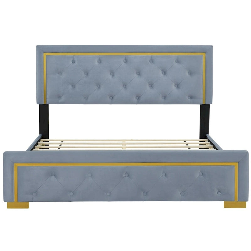 Lit plateforme Queen en velours, tête de lit capitonnée, beige/noir/gris, 2 personnes