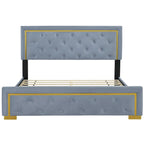 Lit plateforme Queen en velours, tête de lit capitonnée, beige/noir/gris, 2 personnes