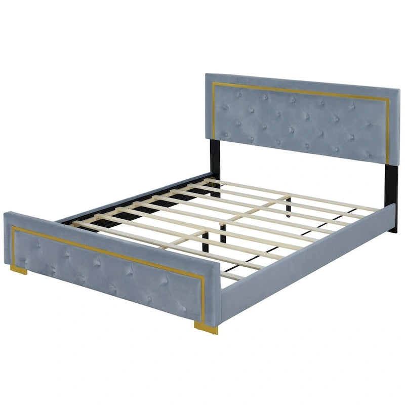 Lit plateforme Queen en velours, tête de lit capitonnée, beige/noir/gris, 2 personnes