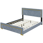Lit plateforme Queen en velours, tête de lit capitonnée, beige/noir/gris, 2 personnes