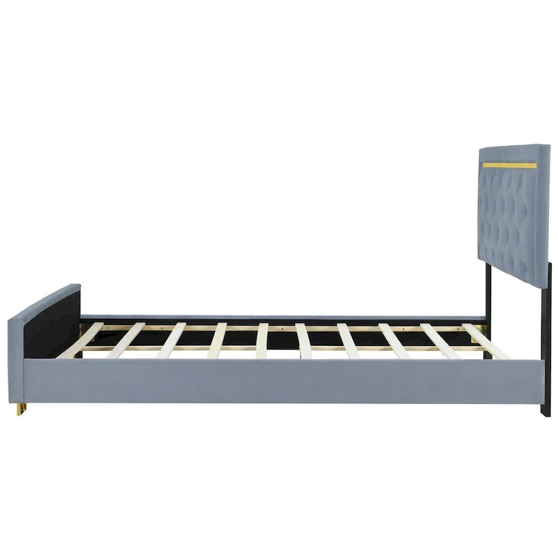 Lit plateforme Queen en velours, tête de lit capitonnée, beige/noir/gris, 2 personnes