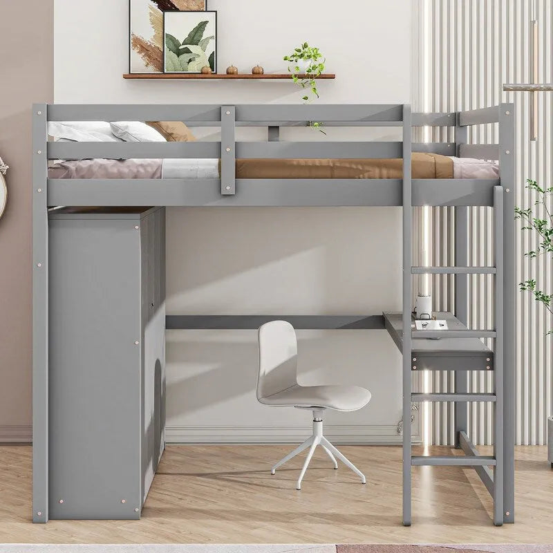 Lit mezzanine en bois pleine grandeur avec armoire intégrée, bureau, étagères de rangement et tiroirs